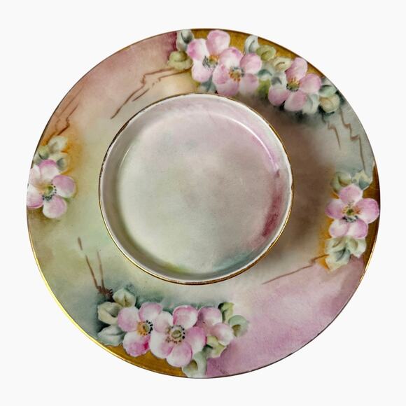 Limoges Porcelain Dogwood Caviar Plate Serving Antiques Tiered Hand Painted Pink - Picture 1 of 9